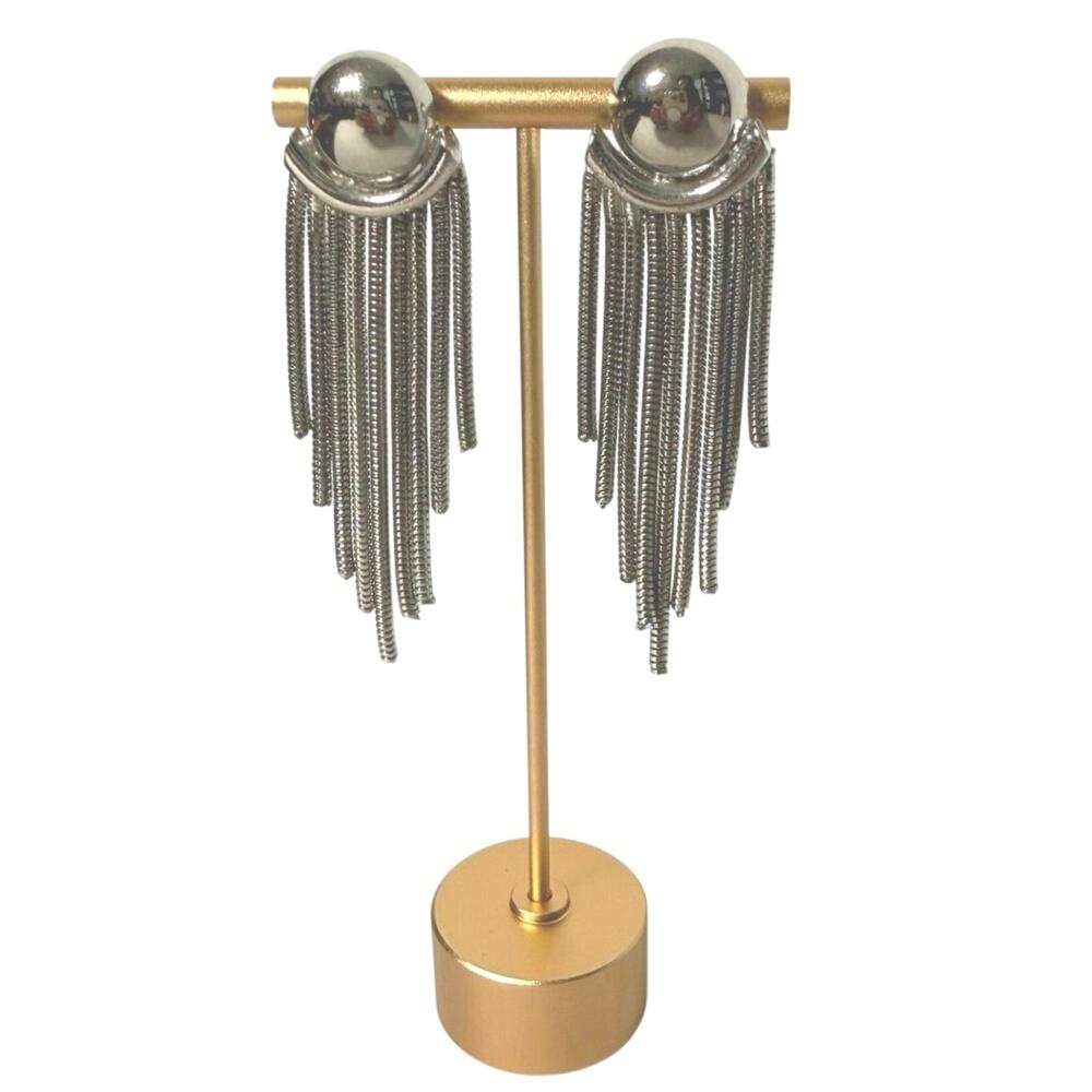 Vintage Silver Fringe Tassel Earrings Statement Runway Drop
